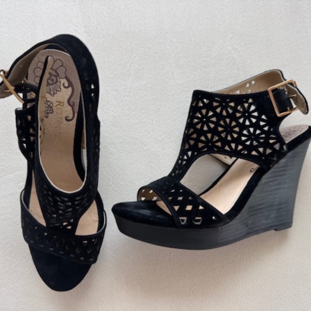 Restricted Black Faux Suede Wedge Heels - Size 7.5 -